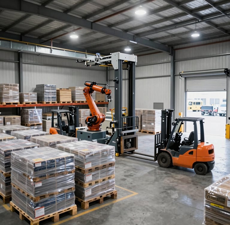 Wide shot inside the Brisbane distribution warehouse, showing neatly stacked pallets, forklifts in motion, and a large loading dock, cool bright industrial lighting, sharp focus, 35mm, industrial photography