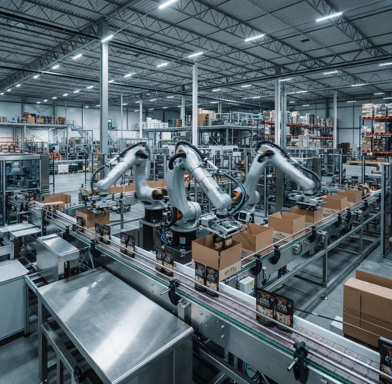 Wide panoramic shot of high-speed robotic arms precisely packaging products on a gleaming stainless steel line under cool industrial lighting, sharp focus, with expansive warehouse floor in background, 35mm.