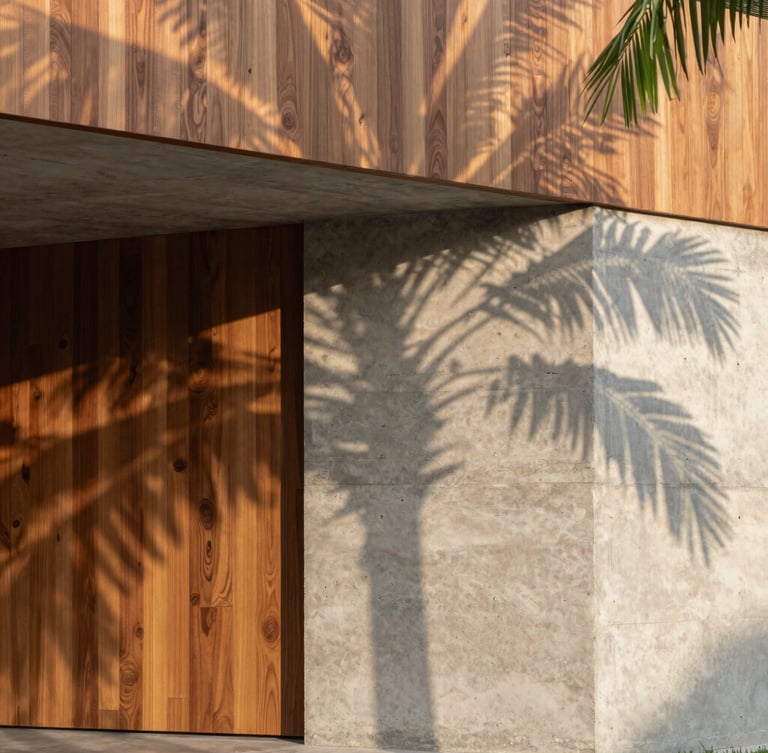 Close-up architectural texture of raw board-formed concrete meeting rich teak wood paneling, dappled shadows from tropical leaves, warm morning light