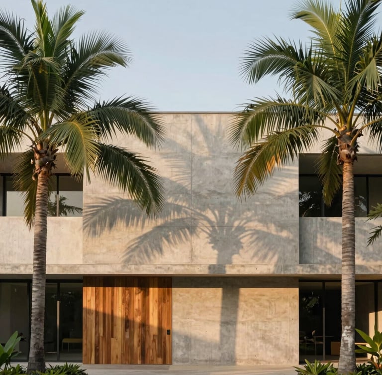 Warm architectural photography of a minimalist concrete facade integrated with lush tropical palm trees, soft morning sunlight casting dappled shadows, warm wood accents, editorial 35mm