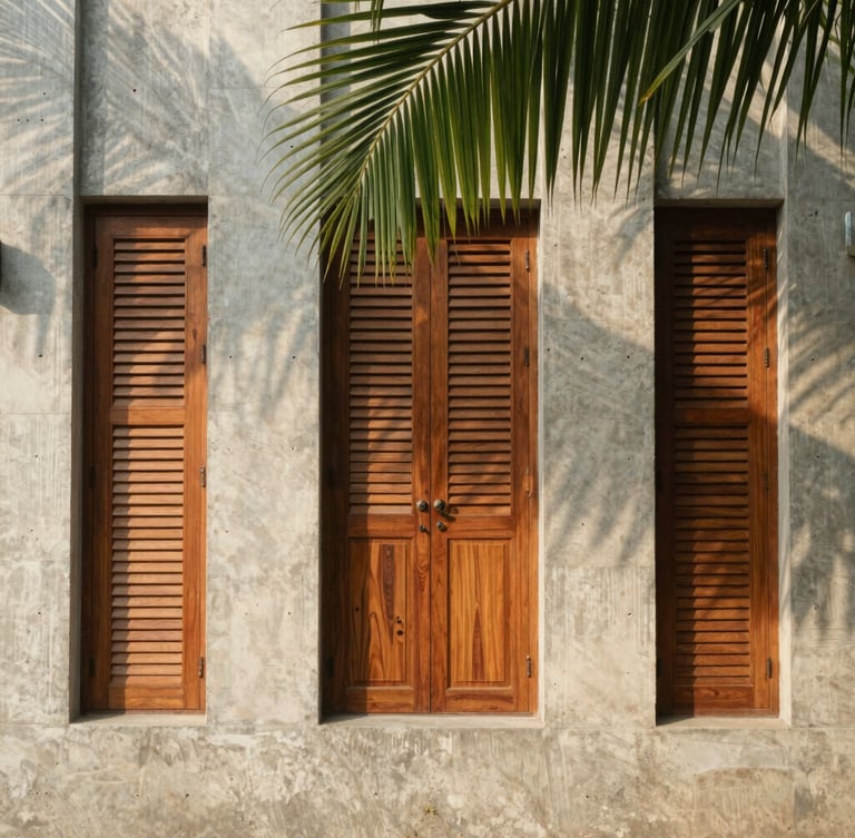 Vertical architectural portrait of raw concrete walls meeting rich teak wood shutters, tropical green palm leaves casting shadows, soft morning light