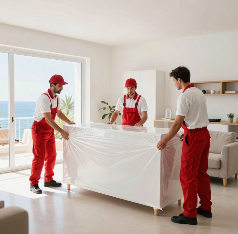 Professional moving crew in red and white uniforms carefully wrapping a large piece of furniture with protective film inside a modern apartment, bright Mediterranean daylight streaming in, wide-angle lens, sharp focus, clean commercial photography.