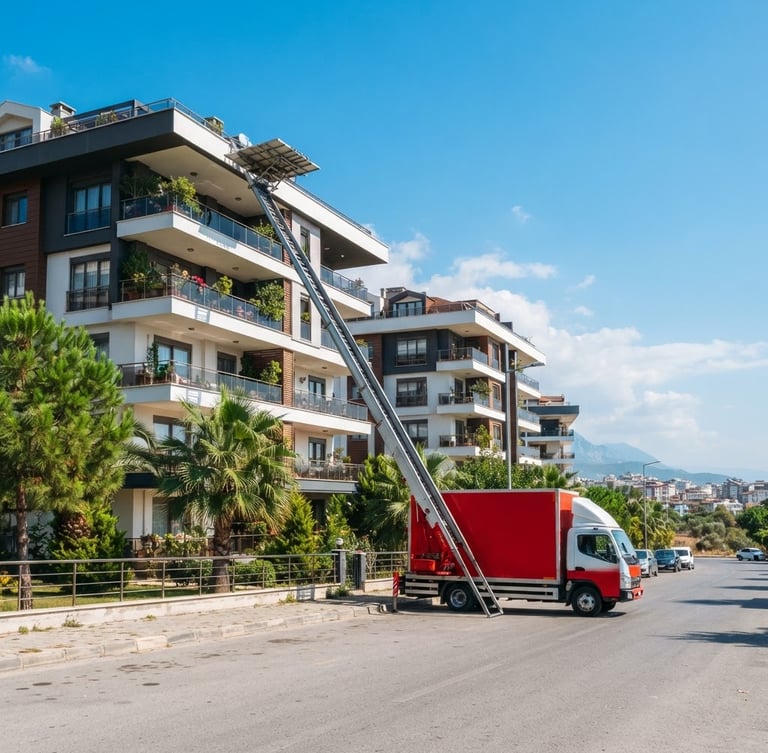 Modern, clean red and white moving truck with an extended high-reach elevator system, parked in front of a contemporary apartment building in Antalya under bright, natural Mediterranean daylight. The truck is positioned to the right third of the frame, with clear blue sky and a few palm trees in the background. No text or people, sharp focus.