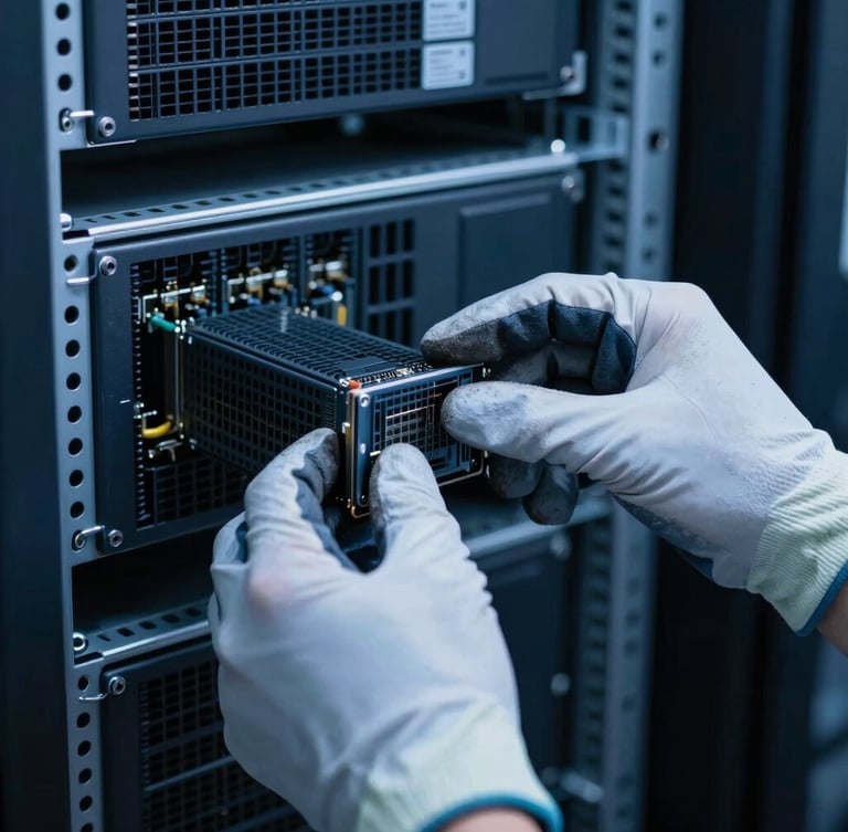 Close-up of a field engineer's hands in gloves, precisely installing a server blade into a rack, cool-toned data center lighting, sharp focus on hardware and hands, industrial tech photography