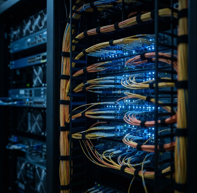 Macro close-up of immaculately managed fiber optic patch cables in a server rack, sharp focus, cool blue LED indicator lights, low-key data center lighting, 35mm.