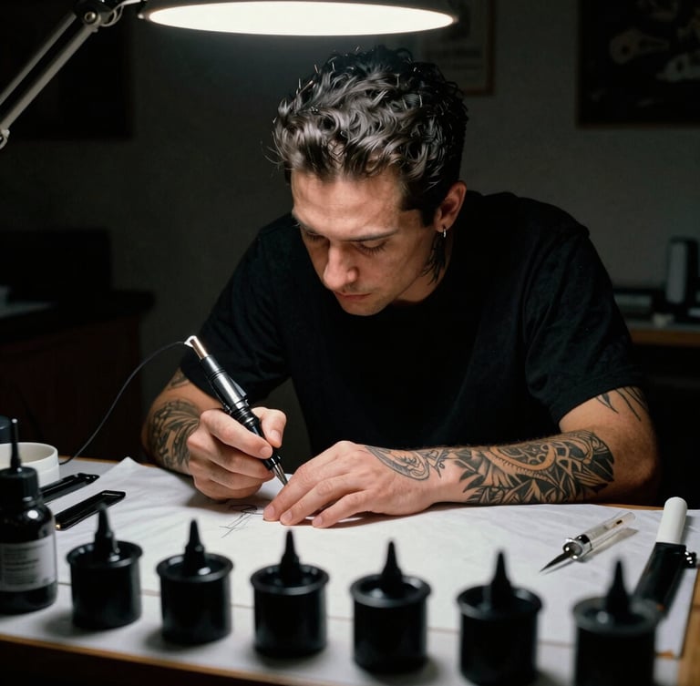 Moody high-contrast portrait of a tattoo artist prep station on Selkirk Ave, needles, black ink wells, warm task lighting, sharp focus