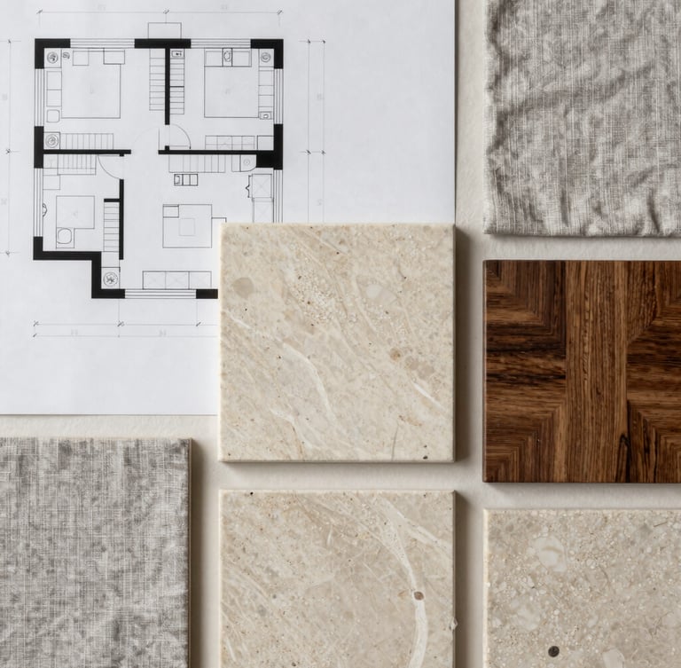 Top-down architectural flat lay of detailed floor plans overlaid with samples of light travertine stone, dark oak wood, and textured gray linen fabric, soft natural side light, editorial styling.