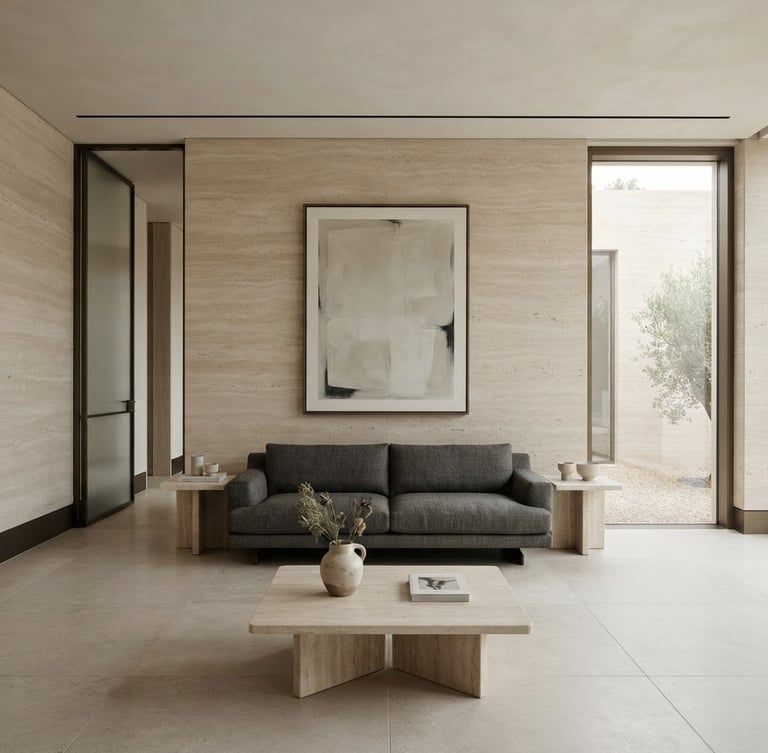 Straight-on architectural elevation of a minimalist contemporary living room, natural travertine stone walls, soft diffused daylight, high-end editorial interior photography