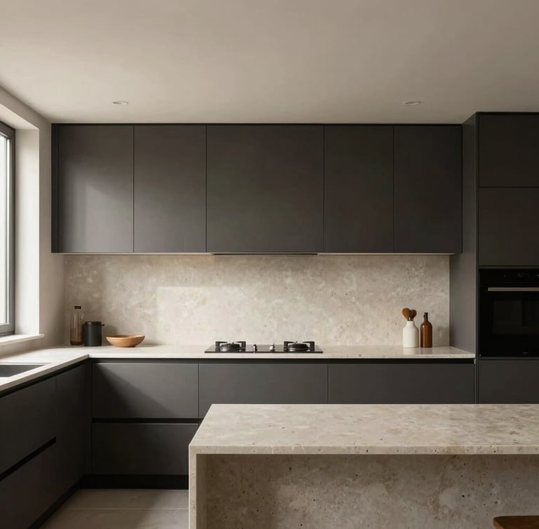 Straight-on architectural elevation of a minimalist contemporary kitchen, clean lines, warm travertine countertops, dark charcoal cabinetry, diffused natural daylight streaming from a side window.
