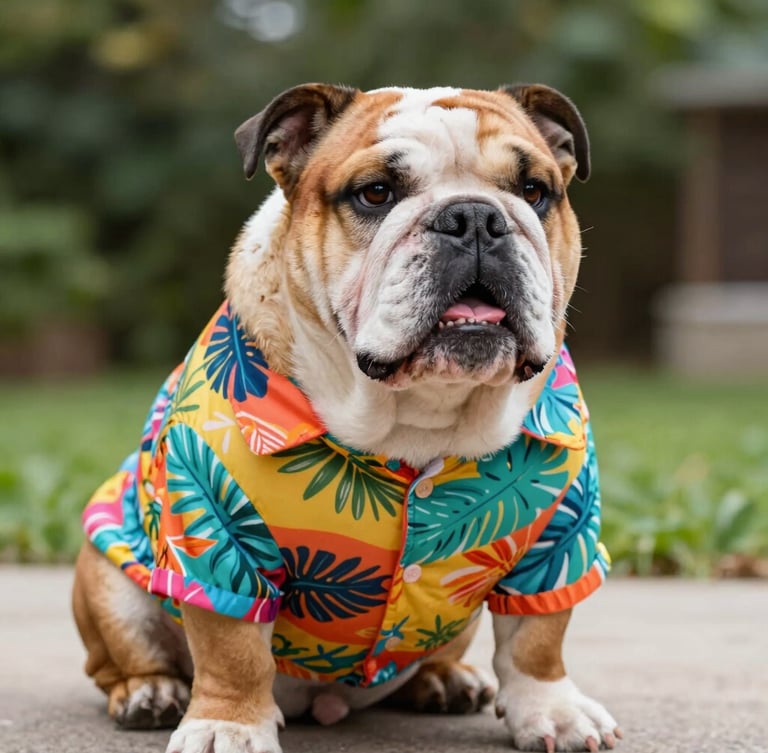 vibrant lifestyle pet photography of a unique-sized bulldog wearing a colorful custom tropical shirt, bright natural daylight, cheerful tones, shallow depth of field
