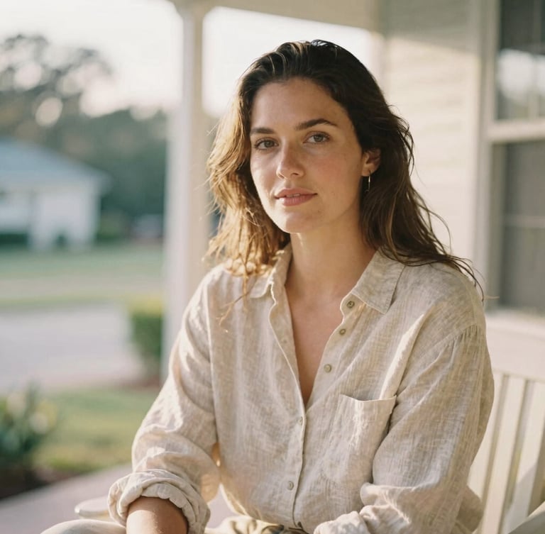 Warm editorial portrait of a woman wearing a relaxed linen shirt, sitting on a sunlit porch in Gibsonton, soft morning glow, gentle blush tones, 35mm film style.