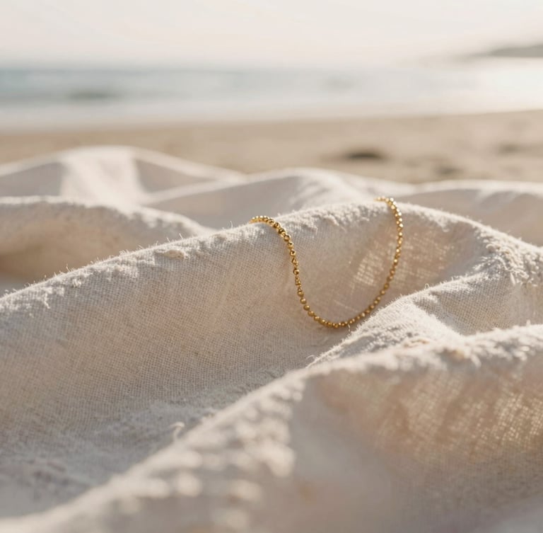 Tactile close-up of natural linen fabrics and delicate gold jewelry catching warm morning sunlight, soft focus background, coastal minimalist aesthetic