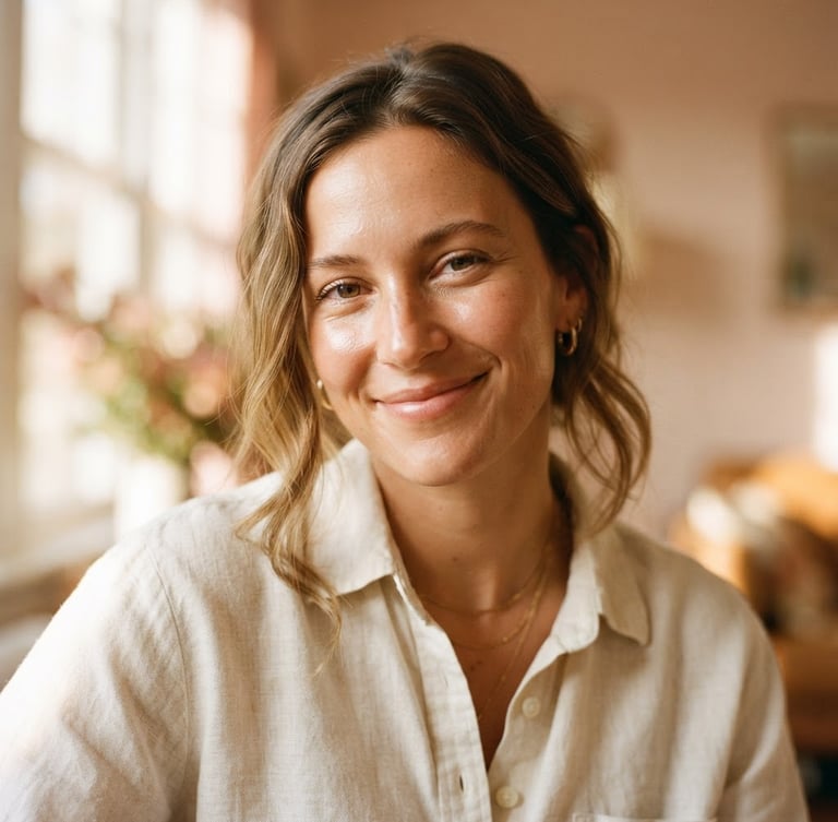 Close-up portrait of a woman in a cream linen shirt smiling softly, warm morning sunlight, soft blush and gold tones, shallow depth of field, 35mm film style