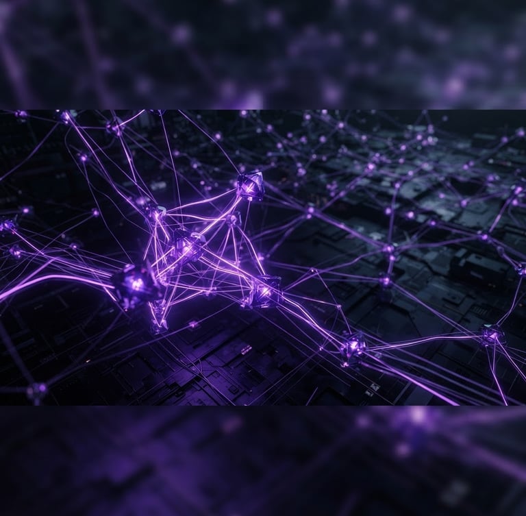 Abstract 3D nodes connecting with glowing purple lines, dark background, clean interface details, shallow depth of field, wide aspect.