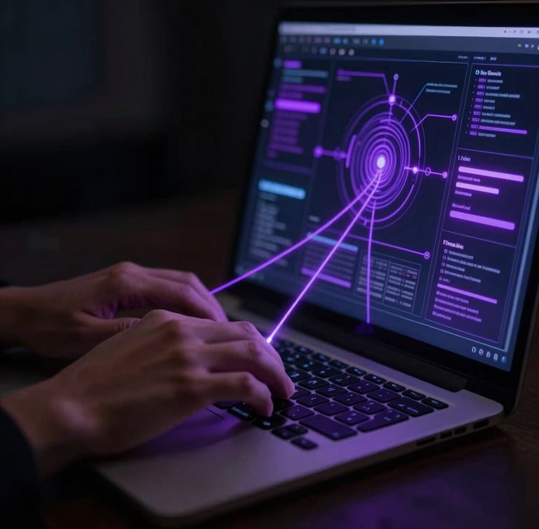 Close-up portrait of hands typing on a laptop with glowing purple lines connecting to other abstract system interfaces on a dark screen, moody tech photography, shallow depth of field.