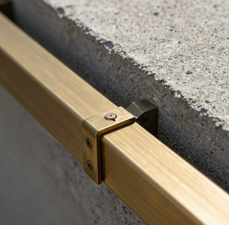 Extreme close-up of raw architectural materials, textured concrete and brushed brass details under bright daylight, highlighting structural precision.