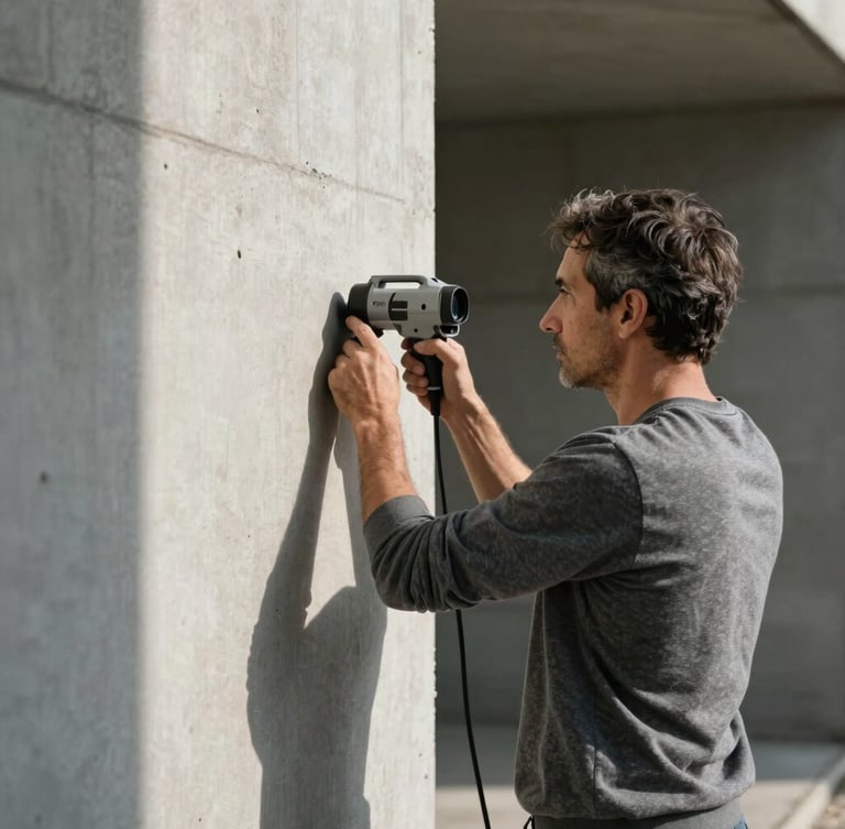 Primer plano de un arquitecto midiendo con láser un muro de hormigón visto, luz natural lateral, líneas limpias y sombras marcadas.