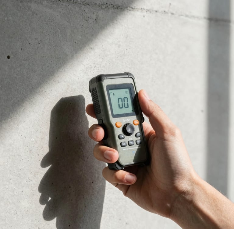 Extreme close-up of a professional hand holding a digital laser distance meter against a clean concrete wall texture, sharp architectural shadows, natural daylight.