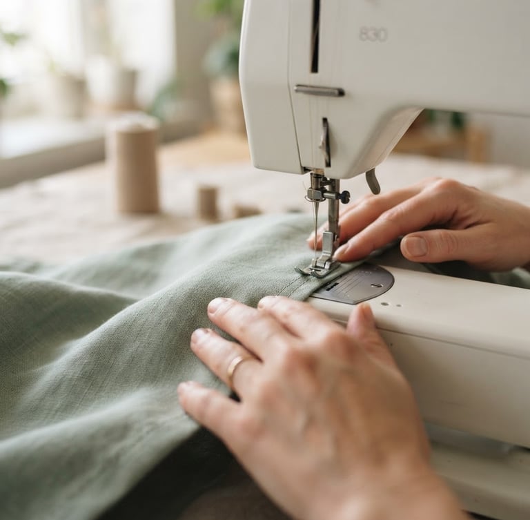 Soft-focus close-up of hands gently guiding muted sage green fabric through a sewing machine, diffused morning daylight, shallow depth of field, neutral linen background.