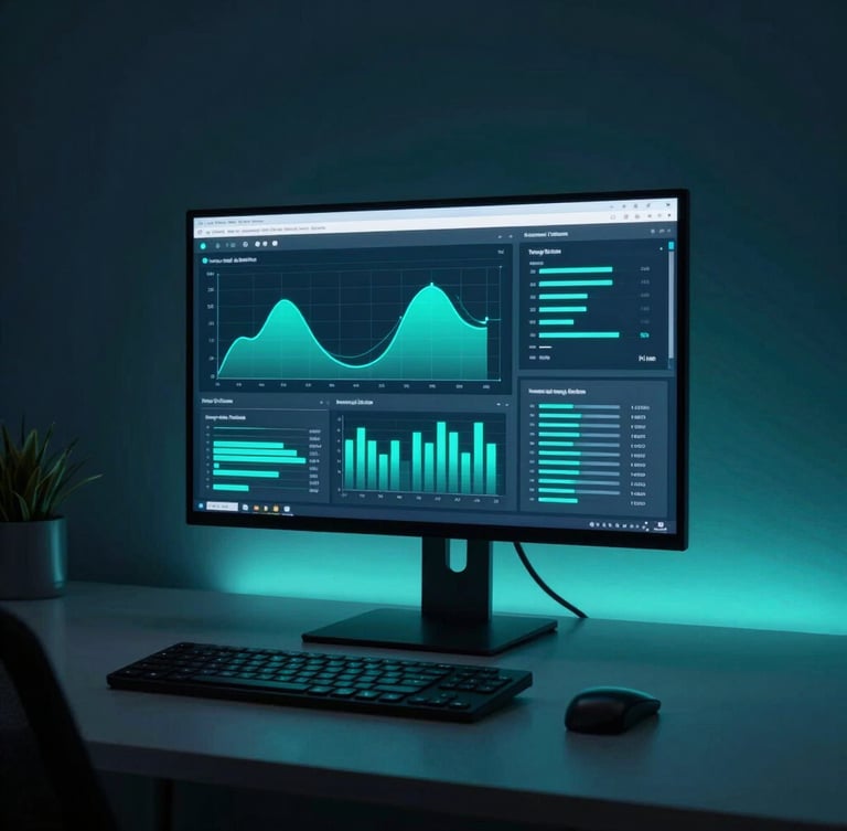 Sleek tech photography of a minimalist workspace with a glowing monitor displaying structured analytical graphs, cool low-key lighting with sharp neon teal tones, 35mm