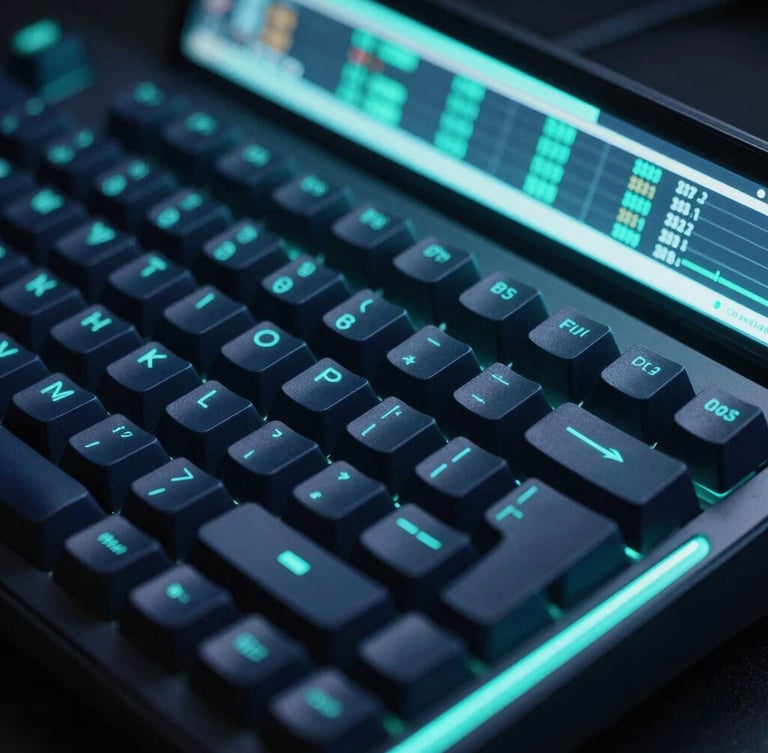 Macro close-up of a high-tech mechanical keyboard and a clean digital screen displaying systematic performance metrics, dark room, neon teal glow