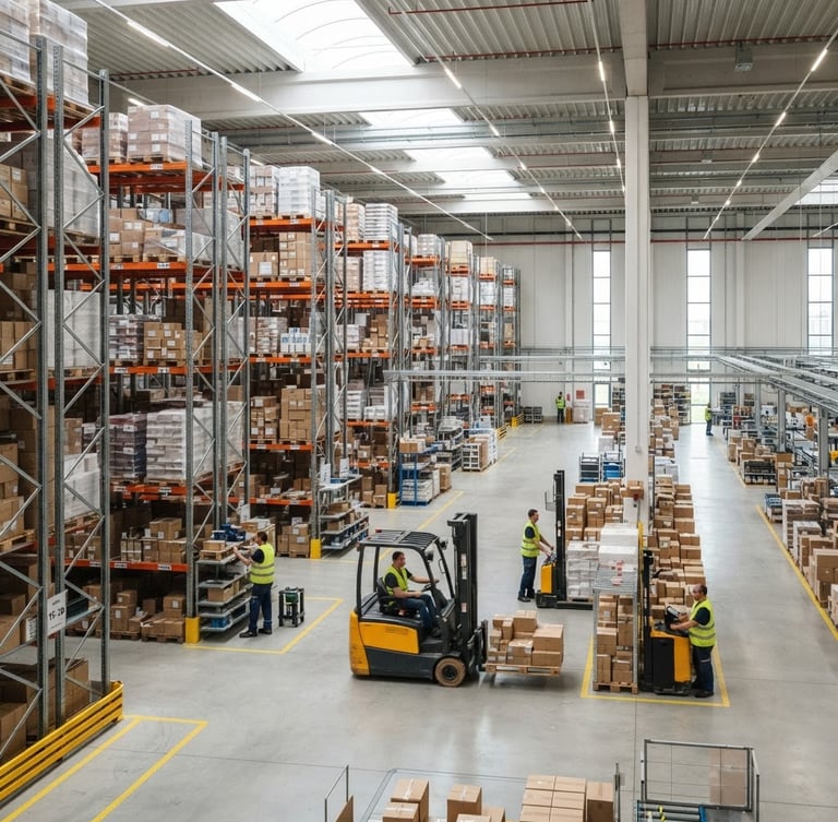 Wide environmental shot of a clean, organized modern logistics hub, bright natural daylight, structured warehouse inventory, sharp focus, realistic documentary style