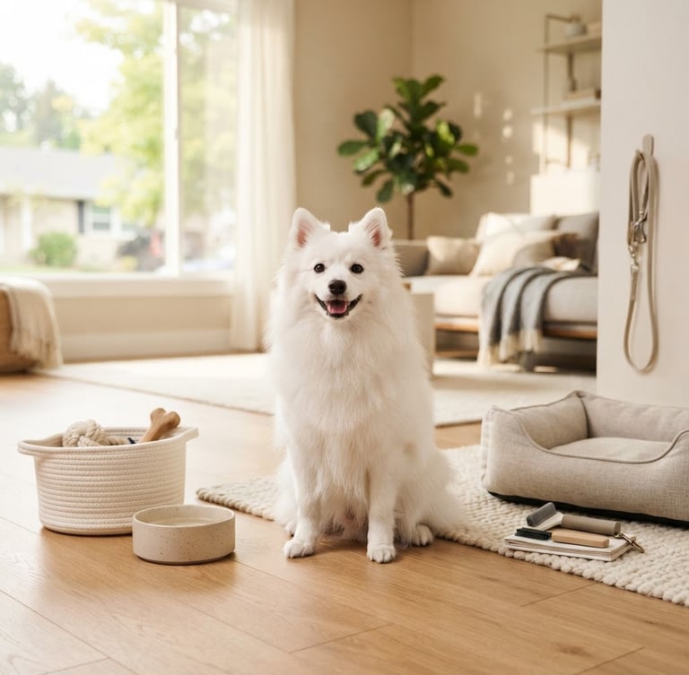 A fluffy, pure white Japanese Spitz dog sitting happily in a sunlit modern living room, surrounded by minimalist EVERDOG™ products, wide shot, warm natural light.