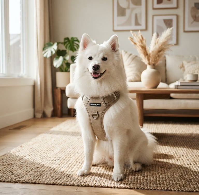 Pure white Japanese Spitz wearing an EverHarness Pro™ harness in a sunlit modern living room, looking happy and comfortable, harness detail visible, wide shot, soft natural daylight, warm beige and white tones, shallow depth of field.