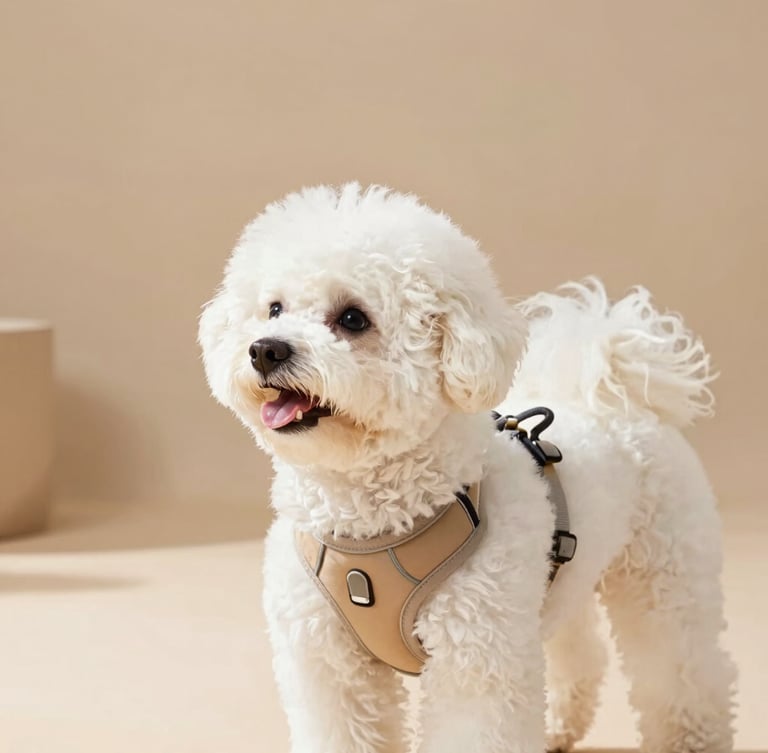 Portrait shot of a happy, fluffy white Japanese Spitz dog wearing a premium harness, looking comfortable and content, in a sunlit modern studio, shallow depth of field, warm beige tones, dog's profile facing left, product clearly visible.