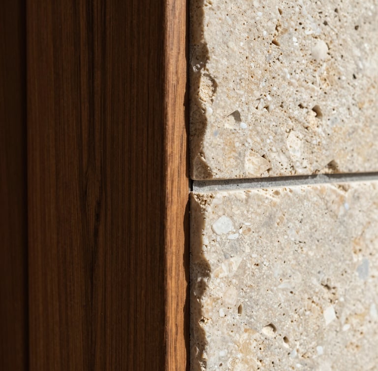 Extreme close-up of a perfectly executed architectural joint, dark oak wood panel meeting raw travertine stone under crisp natural light