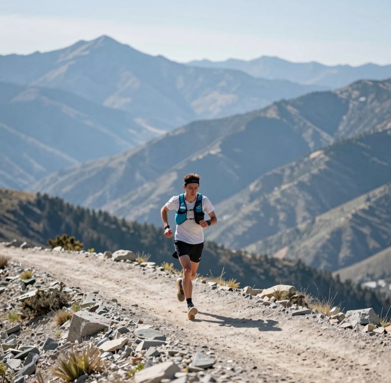 Crisp editorial photography of an athlete trail running on a sunlit Park City mountain ridge, bright natural daylight, shallow depth of field, 35mm