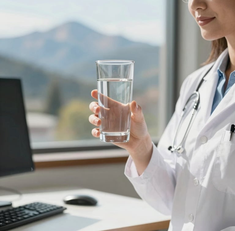 Crisp editorial photo of a clinical nutritionist in a sunlit Park City office, holding a glass of water, natural mountain daylight, shallow depth of field, 35mm