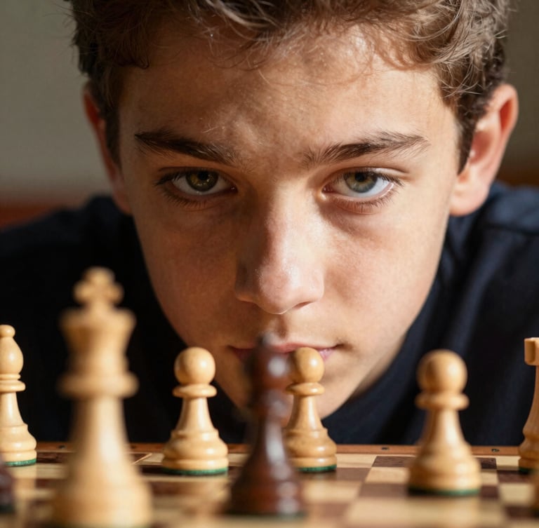 Tight close-up of a student's eyes reflecting intense concentration, looking down at a wooden chessboard, warm directional spotlighting casting sharp shadows.