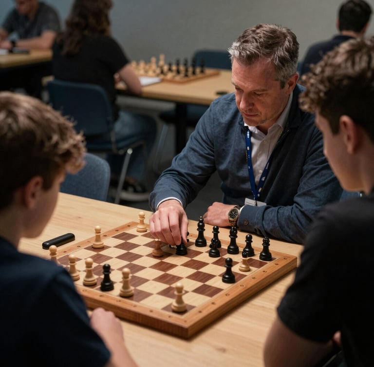 Medium shot of a quiet tournament room, a coach analyzing a complex endgame position on a large wooden demonstration board with a student, high-contrast directional lighting.