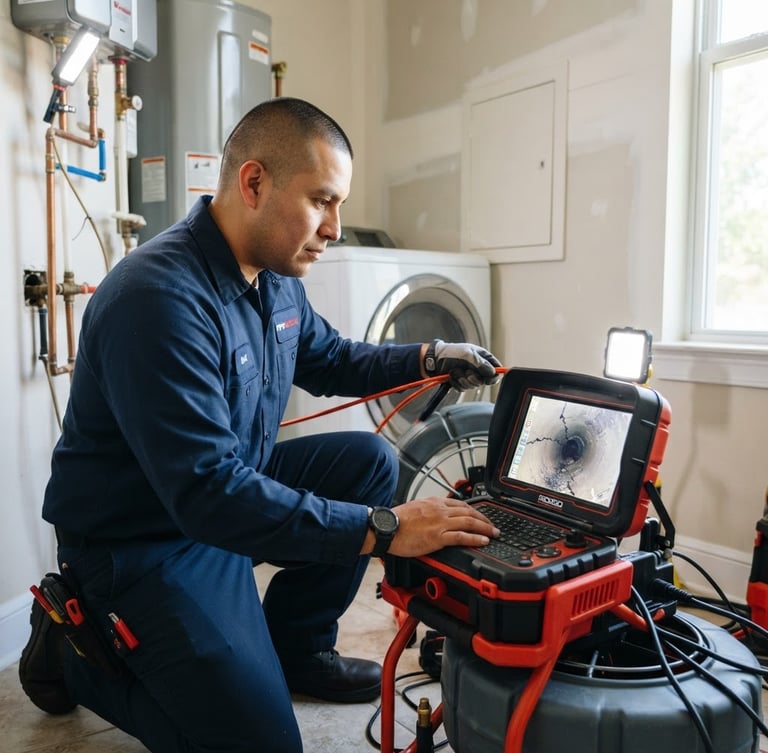 A professional Pipe Rescue technician in a clean navy uniform operating high-tech diagnostic equipment inside a Houston home, bright natural daylight, 35mm lens.