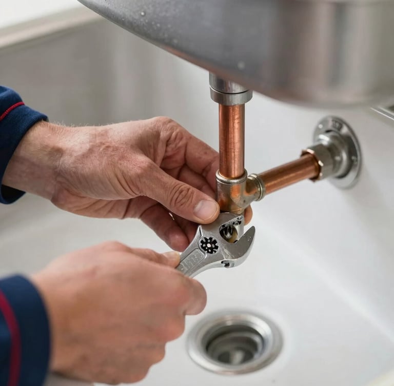 Close-up of a professional plumber's hands using a wrench to secure a copper pipe joint under a kitchen sink, crisp work light, 35mm lens
