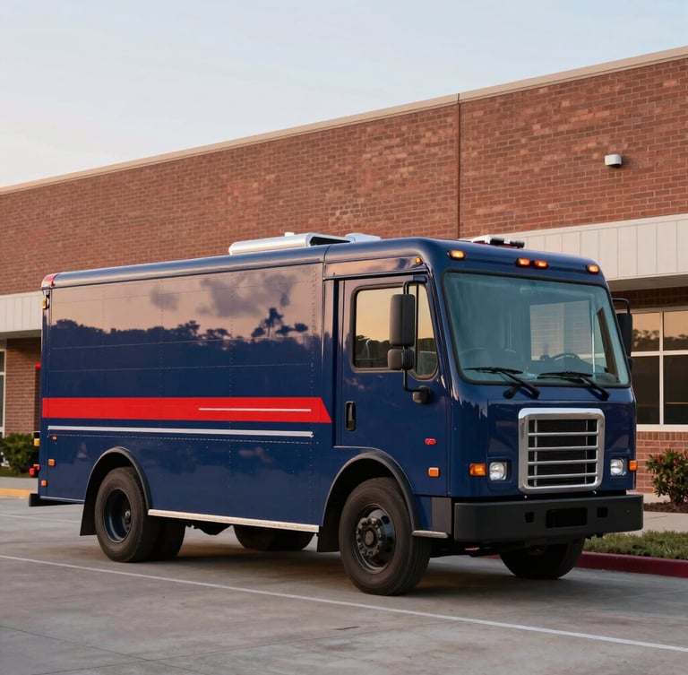 A clean, modern commercial plumbing service truck parked outside a large Houston brick facility at dawn, soft morning light, professional framing