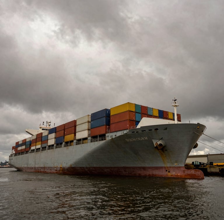 Wide-angle architectural perspective of a massive container vessel docked at a deep-water port, dramatic overcast sky, low-key lighting with desaturated steel and gold tones.