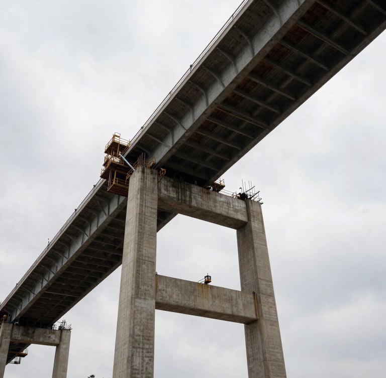Low-angle heroic shot of a massive concrete bridge under construction, dramatic overcast sky, high-contrast