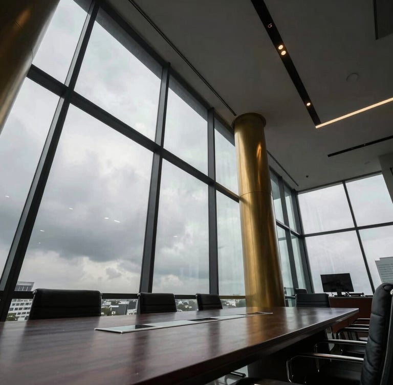 Low-angle heroic shot of a modern executive boardroom in Dhaka, dramatic overcast sky visible through massive floor-to-ceiling windows, desaturated steel and gold tones, architectural lens.