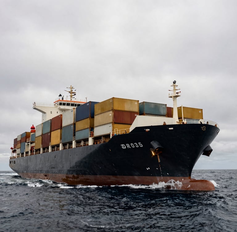 Low-angle dramatic shot of a massive container vessel cutting through deep ocean under overcast skies, desaturated steel and gold tones, wide-angle lens