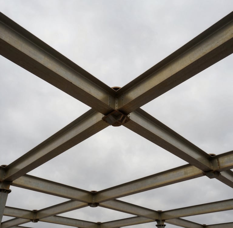 Low-angle heroic shot of a heavy infrastructure construction site with steel beams under dramatic overcast skies, desaturated steel tones