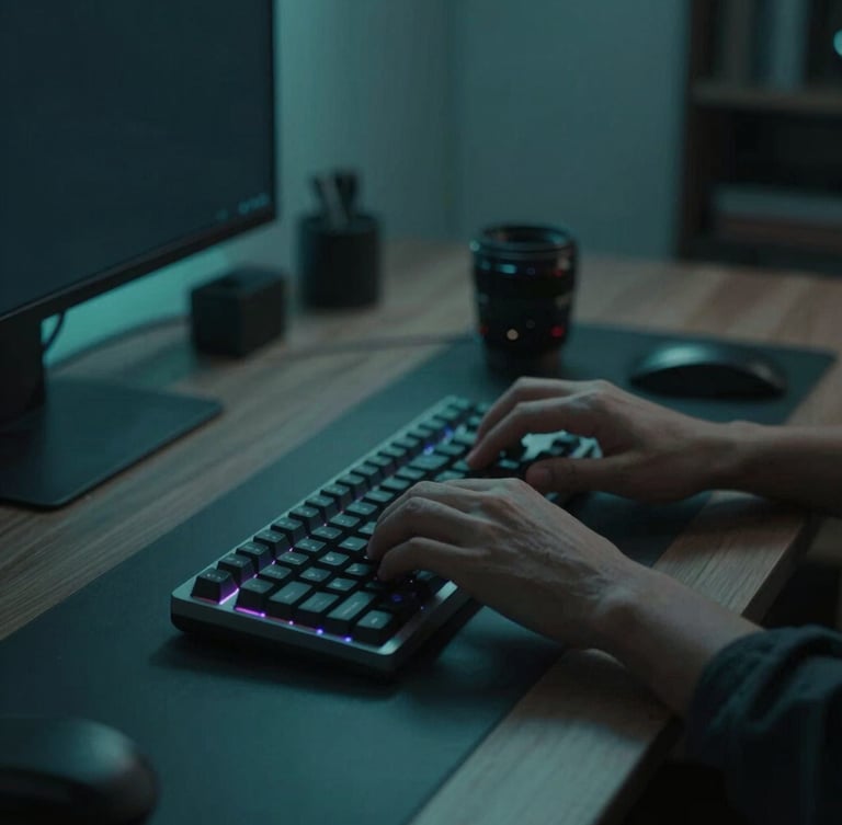 Sleek minimalist workspace in coastal Portugal, moody low-key lighting with a cool electric teal ambient glow, hands typing on a mechanical keyboard, shallow depth of field, 35mm lens