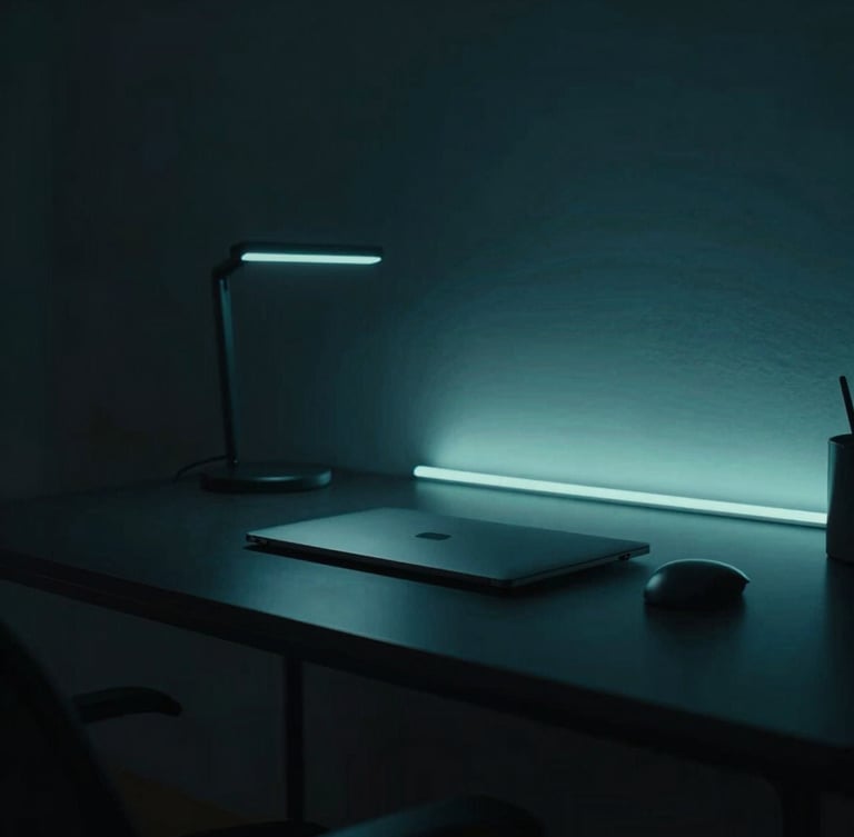 Cinematic side-lit shot of a minimalist workspace in Portugal, sleek hardware on an obsidian desk, cool teal ambient glow