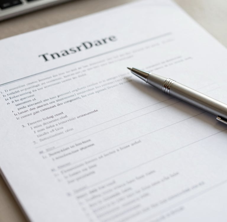 Close-up of high-quality corporate paperwork, a clean pen resting on a technical document, bright natural light, professional editorial style, 35mm