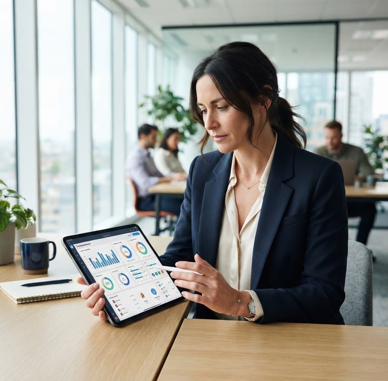 Professional editorial photography, bright natural office light, a female HR manager analyzing a modern training dashboard on a tablet, clean corporate tones, medium shot, 35mm