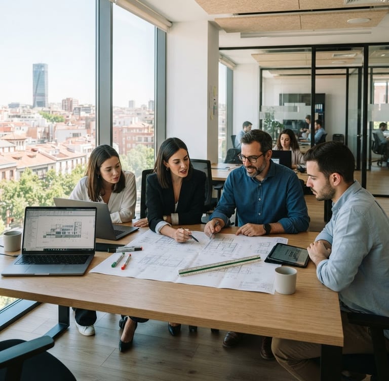 Bright modern office workspace in Madrid, professionals collaborating over technical blueprints and laptops, natural daylight, clean corporate tones, 35mm