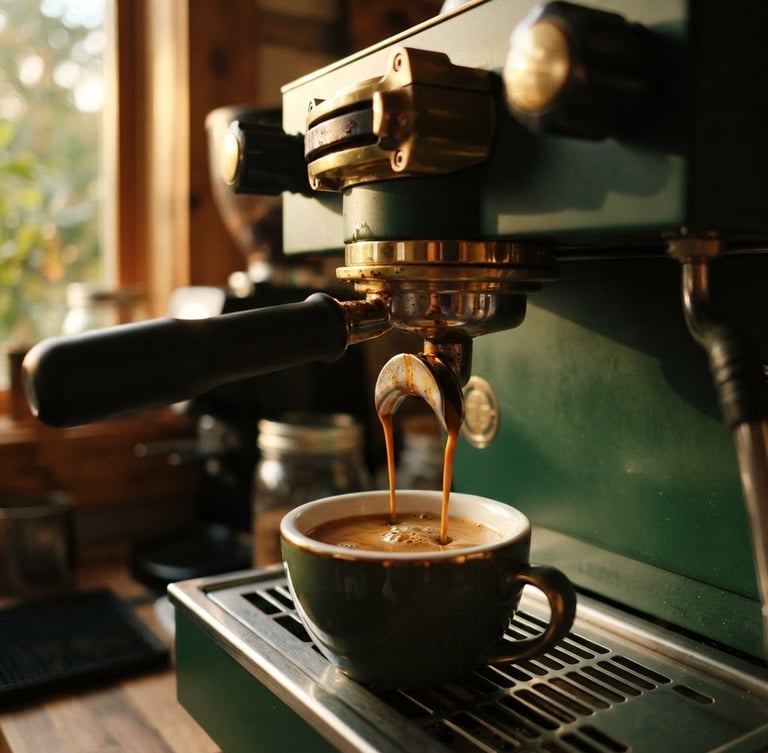 A close-up of rich espresso extracting from a sleek espresso machine portafilter, warm golden-hour window light, deep forest green and gold tones, shallow depth of field, 35mm