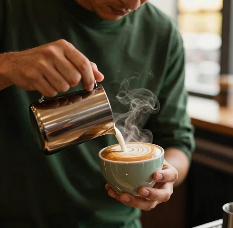 Close-up of a professional barista pouring microfoam into a ceramic cup making perfect latte art, steam rising, warm ambient lighting, elegant event setting