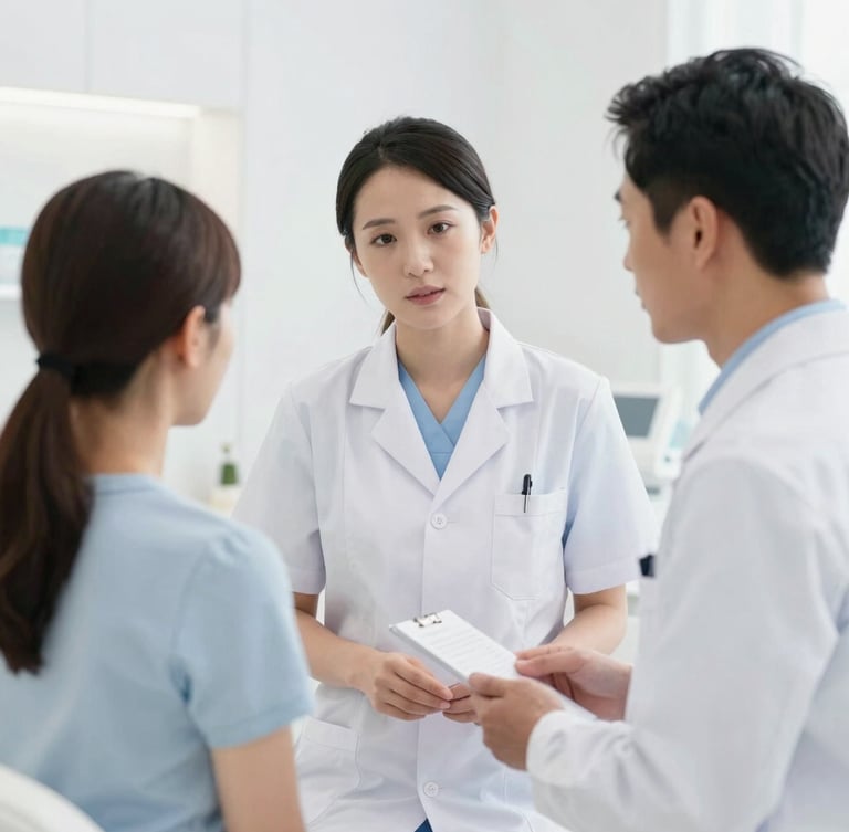 A professional dermatologist in clinical attire consulting with a patient in a bright, modern treatment room, soft studio lighting, clean medical environment.